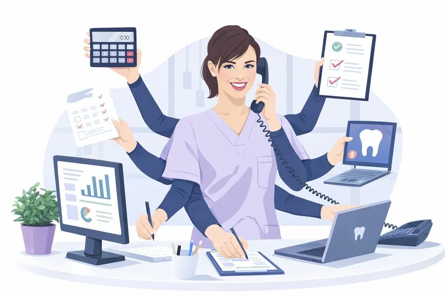 Illustration of a dental office manager juggling insurance calls, patient balances and payment posting