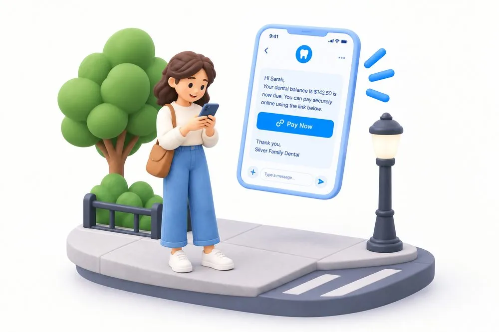 Illustration of a patient paying a balance from a text message link